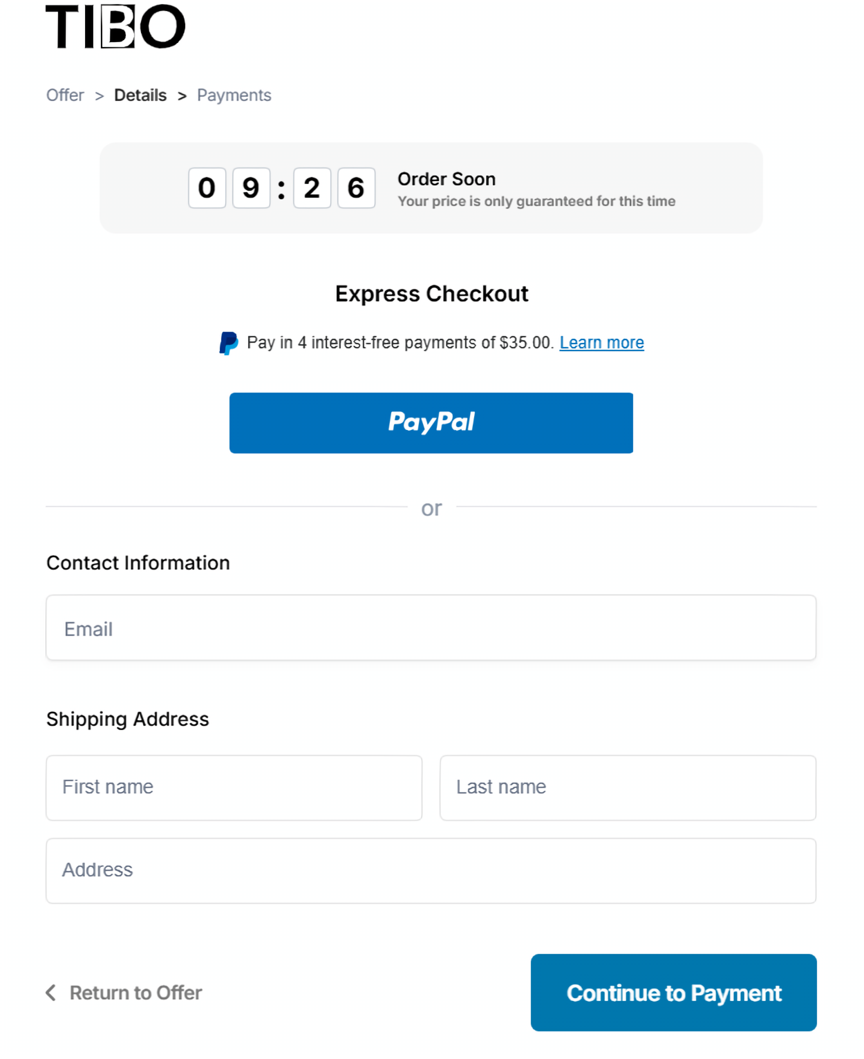 Tibo Cutting Board checkout page with express PayPal checkout, contact information and shipping address