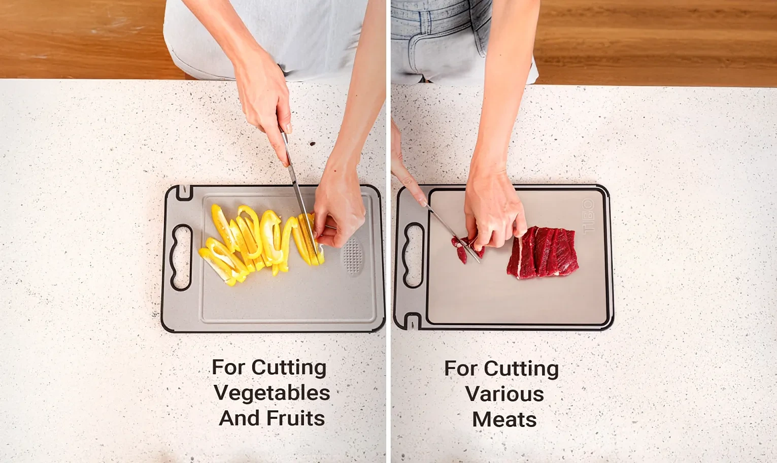 Tibo Cutting Board used for cutting vegetables and fruits on one side and meats on the other