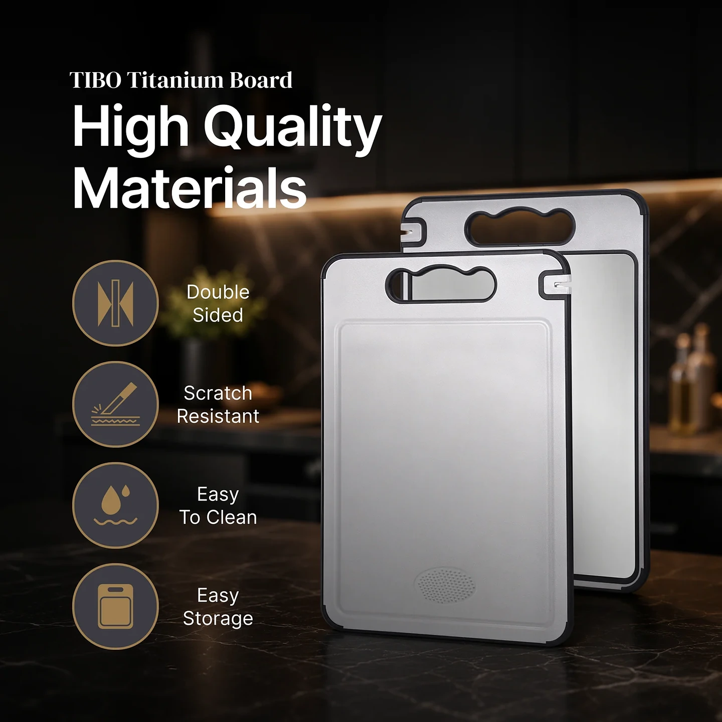 Tibo Cutting Board high quality materials: double sided, scratch resistant, easy to clean, easy storage