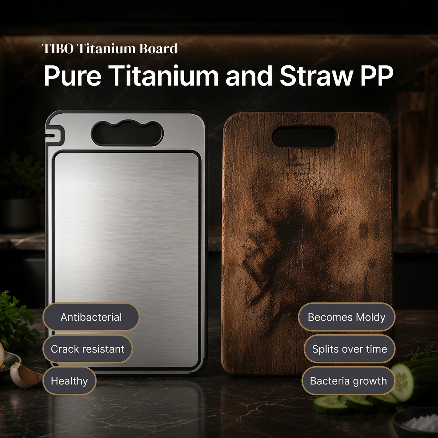Tibo Cutting Board titanium and straw PP board compared with a worn wooden cutting board