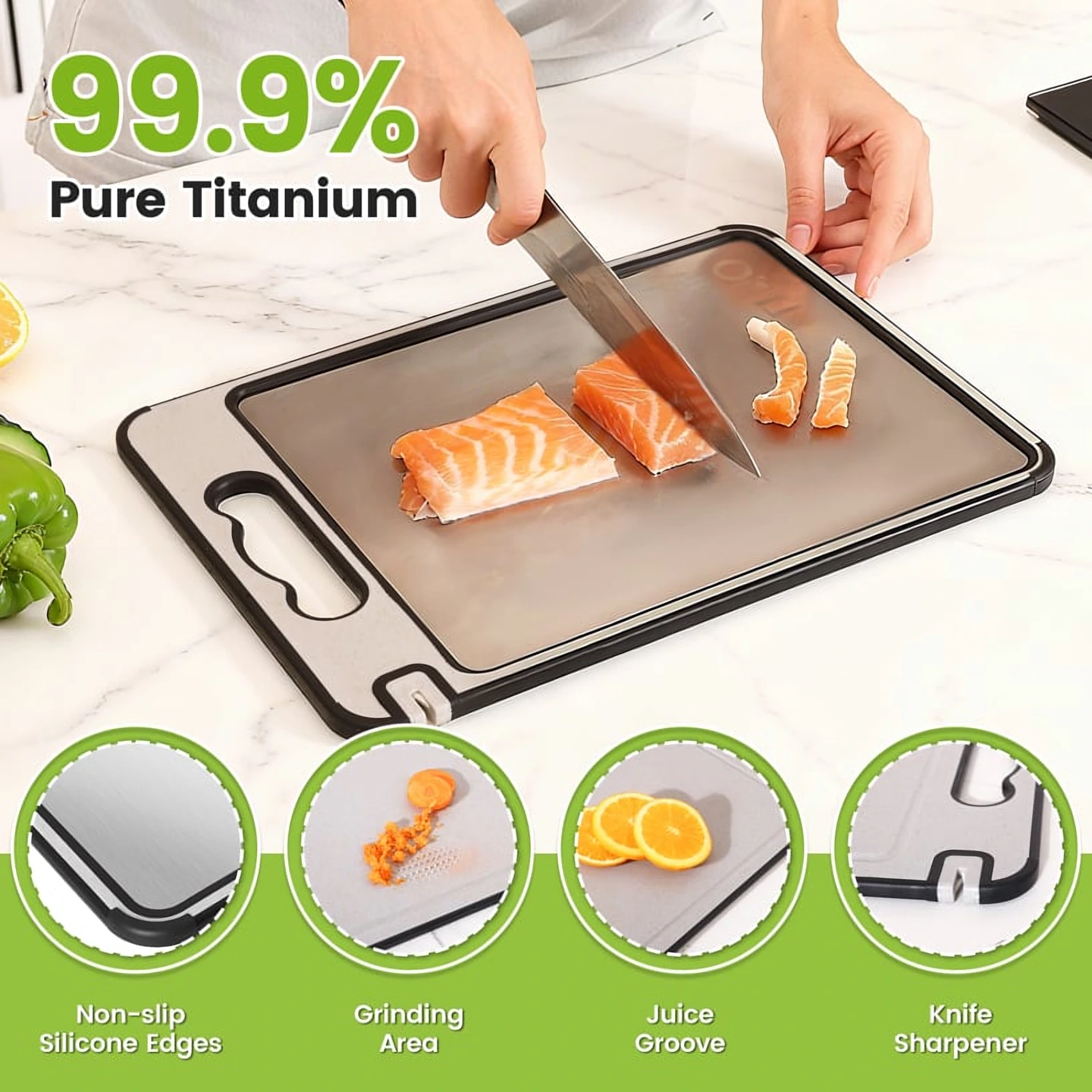 Tibo Cutting Board features: non-slip silicone edges, grinding area, juice groove and knife sharpener